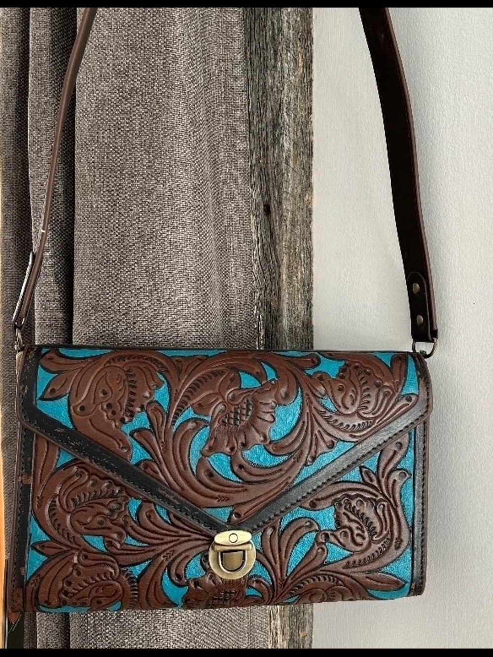 Myra Bag Blue and Brown Tooled Leather Crossbody